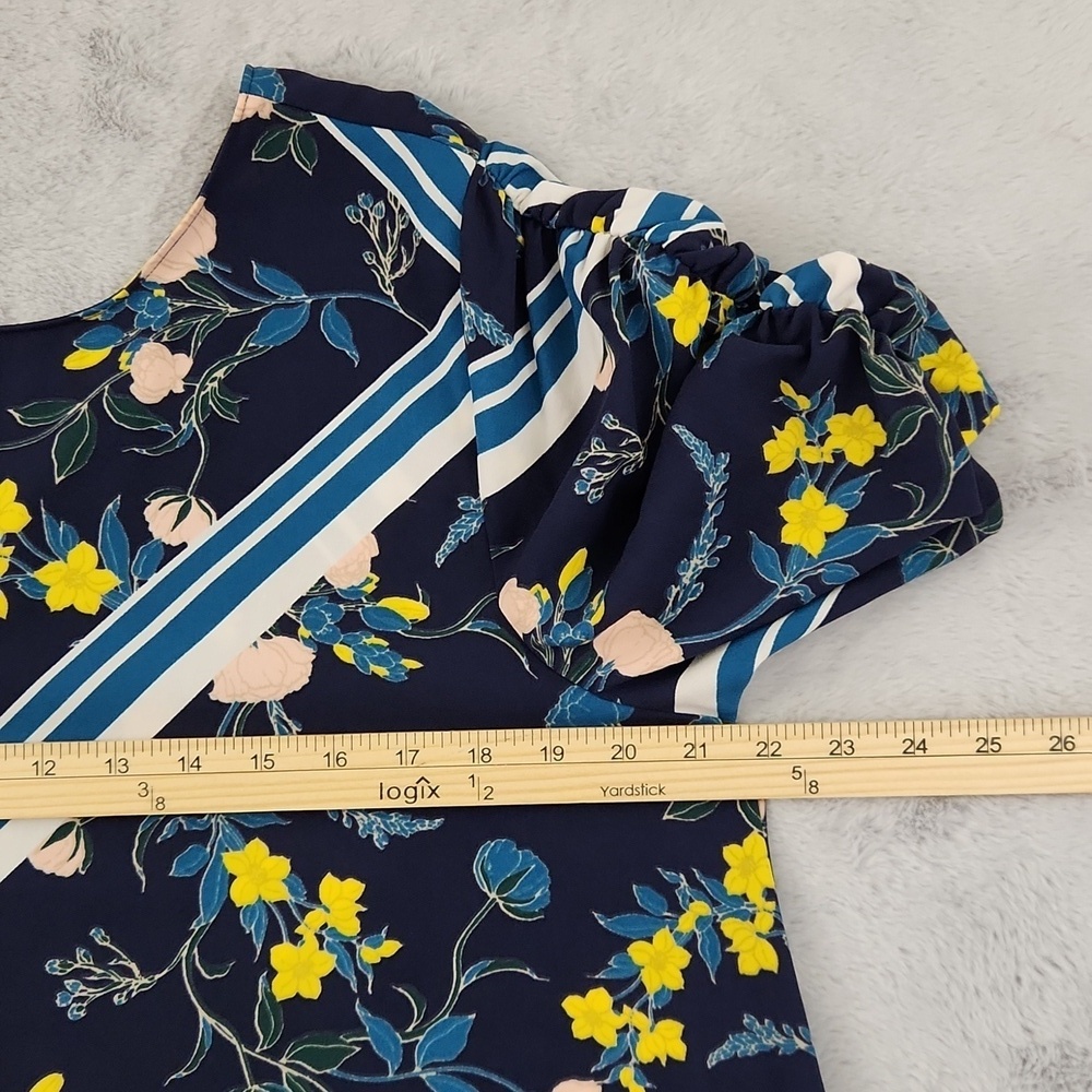 Halogen Floral Shift Dress Women's Size 1 Navy Blue 3/4 Sleeve Ruched Scarf Prin - Picture 9 of 12